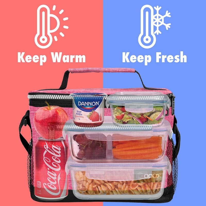 opux Insulated Lunch Box Men Women, Lunch Bag for Work School, Leakproof Soft Cooler Tote Adult, Large Lunch Pail Kids Boys Girls, Picnic Beach Food Bag with Shoulder Strap, Pink - Image 2